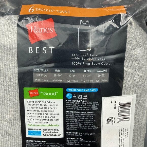Hanes Mens 6-Pack Best Tagless Tanks 2XL Black Gray 100% Ring Spun Cotton - Picture 3 of 4